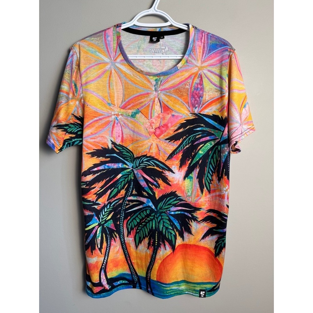 Electro Threads Mens Multicolor Palm Tree Graphic Tee M Festival Rave Trippy